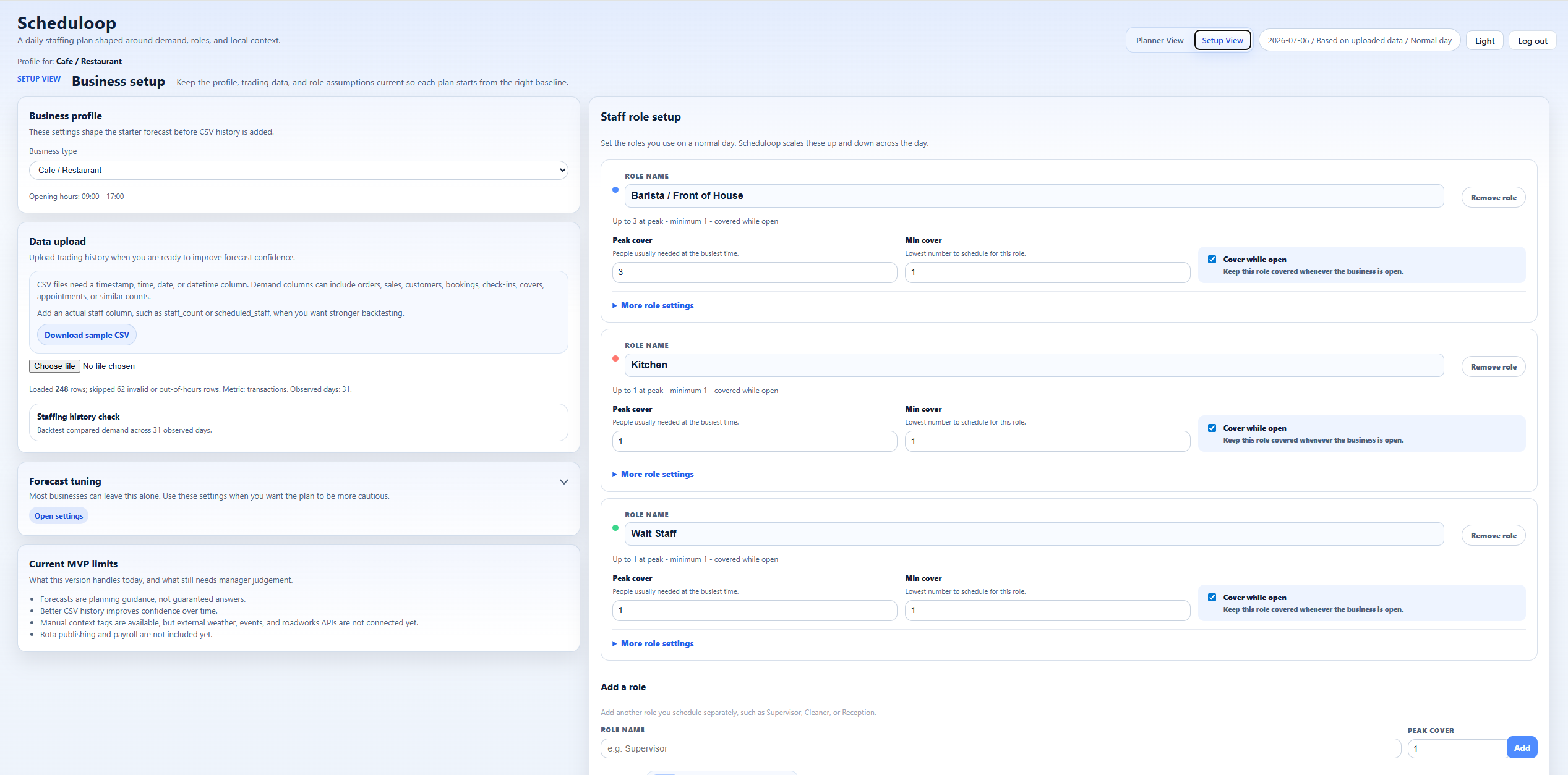 ScheduleLoop setup screen showing business configuration.